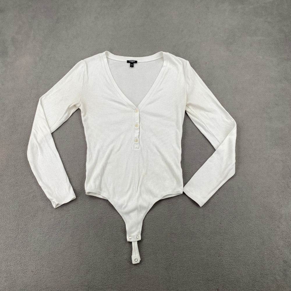 Express Womens White Ribbed Long Sleeve Henley V-Neck Bodysuit Size S